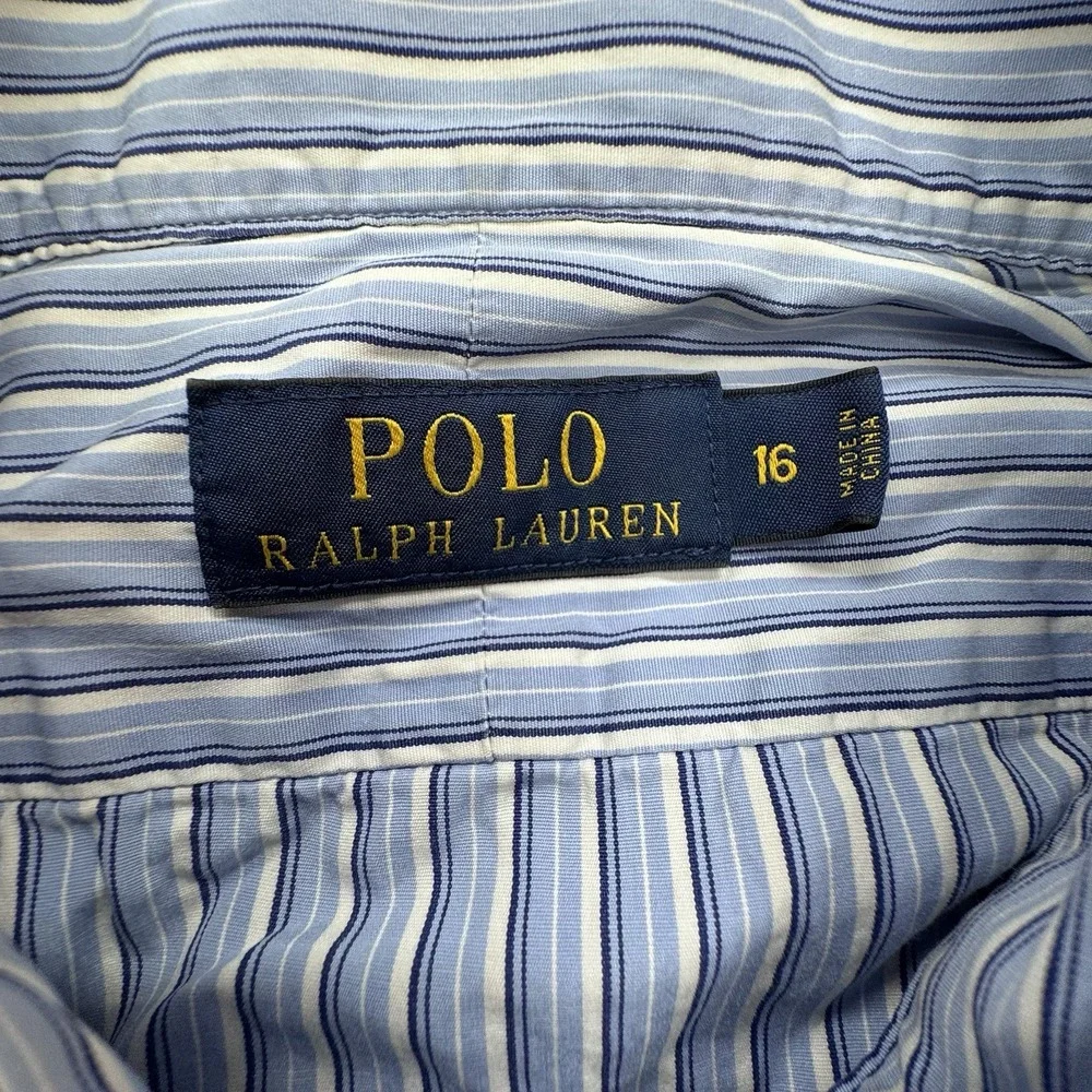 Polo Ralph Lauren Long‎ Sleeve Button Blue White Striped Shirt Pony 16